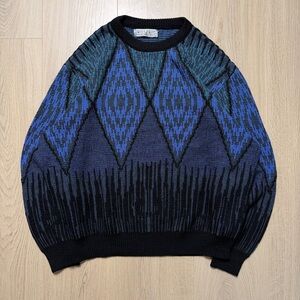 Vintage Jantzen Geometric Acrylic Wool Blend Knit Sweater Womens XL Blue Black